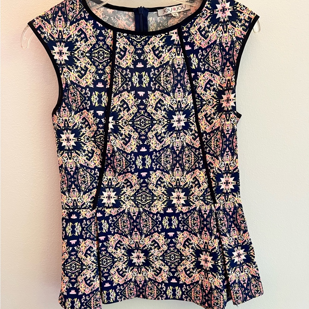 Joy Joy blouse. Bright ikat print. Sleeveless